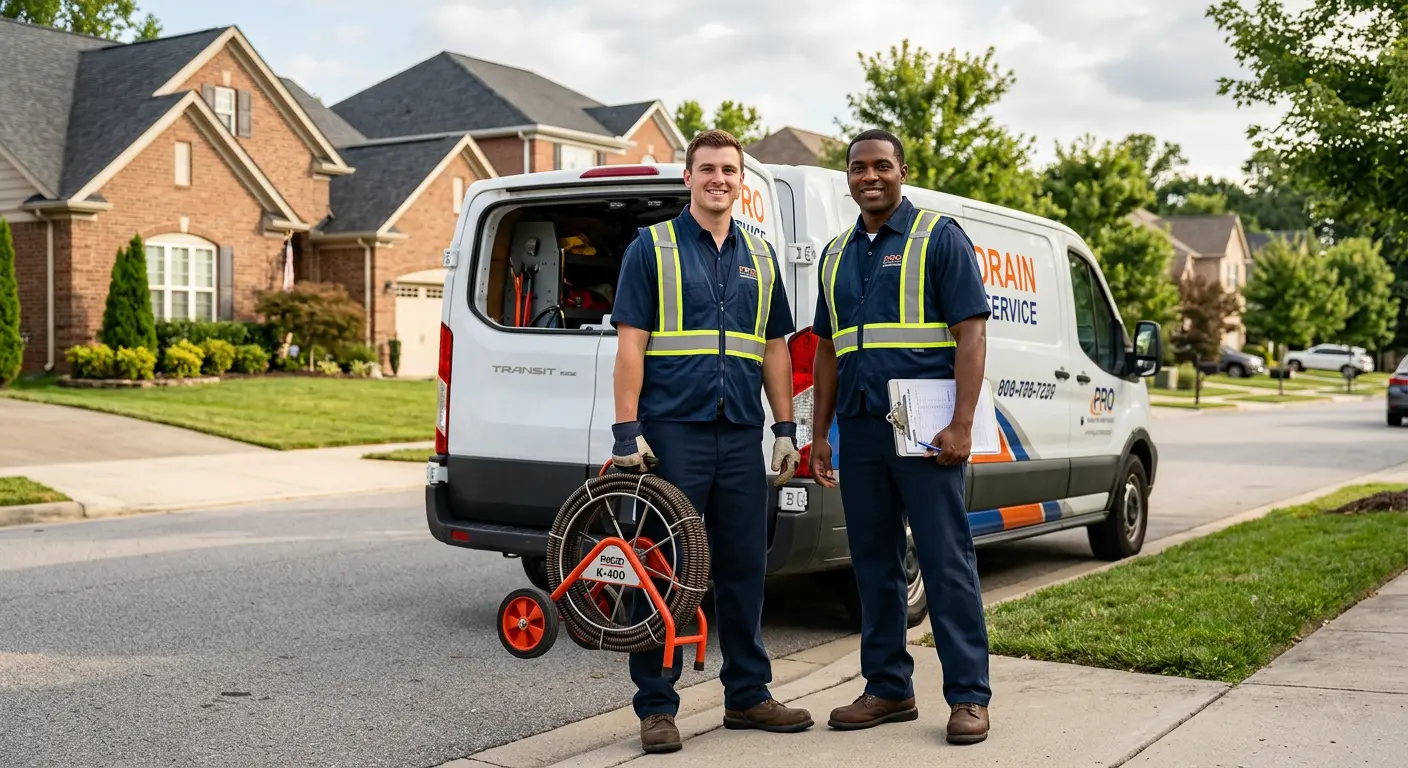 Sewer and drain service team with equipment ready for work in Marion