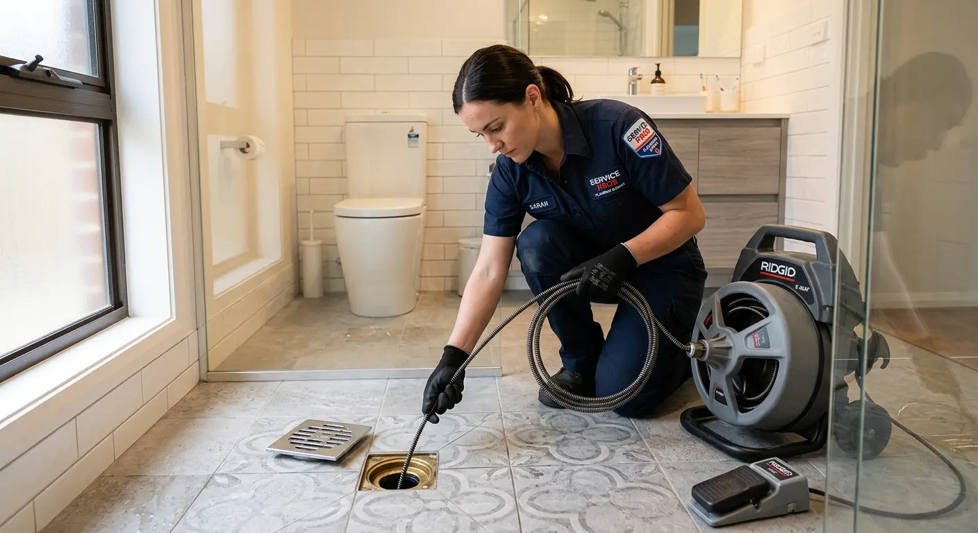 Technician clearing a bathroom floor drain for Clogged Drain Repair in Marion